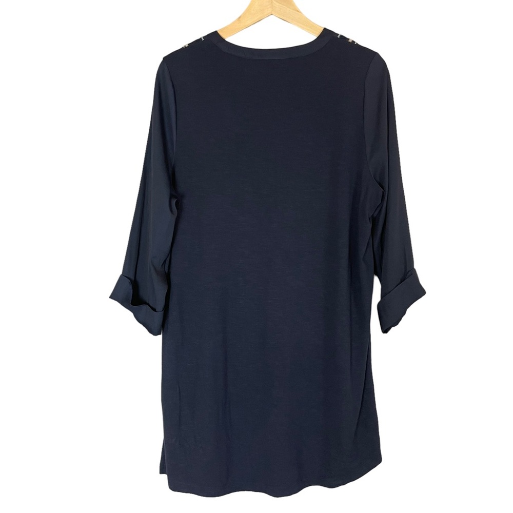 Dolan Anthropologie Top Blouse Embroidered Dark Blue 3/4 Sleeves V-Neck Medium View 3